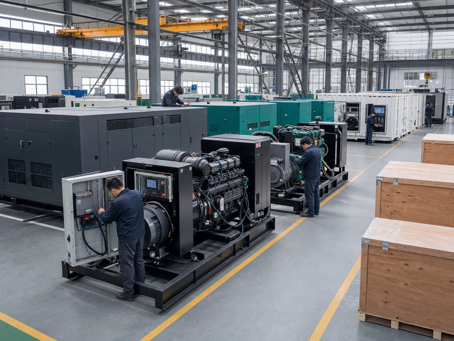 Factory technicians inspecting diesel generator sets in an assembly and testing workshop.